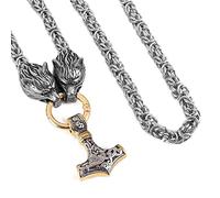 TQWSVUM Collana con Testa di Lupo in Acciaio Inossidabile Viking Mjolnir, Catena Bizantina con Ciondolo A Martello Thor's da Uomo, Gioielli Pagani Norvegesi con Nodo Celtico Vintage Fatti A Mano