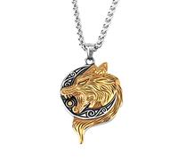 TQWSVUM Collana con Testa di Lupo Vichingo Norvegese per Uomo - Amuleto con Pendente A Testa di Fenrir in Acciaio Inossidabile - Moda Vintage Odin Wolf Sun Totem Gioielli Protezione degli Animali