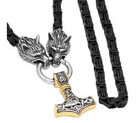 TQWSVUM Collana Mjolnir con Catena di Re Nero Testa di Lupo Vichingo - Ciondolo Odino Celtico in Acciaio Inossidabile da Uomo - Gioielli Amuleto Pagano Nordico Vintage Fatti A Mano