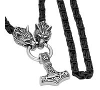 TQWSVUM Collana Mjolnir con Catena di Re Nero Testa di Lupo Vichingo - Ciondolo Odino Celtico in Acciaio Inossidabile da Uomo - Gioielli Amuleto Pagano Nordico Vintage Fatti A Mano