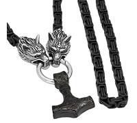 TQWSVUM Collana Mjolnir con Catena di Re Nero Testa di Lupo Vichingo - Ciondolo Odino Celtico in Acciaio Inossidabile da Uomo - Gioielli Amuleto Pagano Nordico Vintage Fatti A Mano