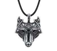 TQWSVUM Collana Norrena Fenrir Head, Collana Pendente Viking Odin Wolf in Acciaio Inossidabile, Nordico Scandinavo Animale Amuleto Uomo Charm Pelle Corda Gioielli Regalo