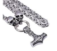 TQWSVUM Collana Pendente Viking Thor's Hammer Testa Teschio da Uomo, Nordic Celtic Knot Mjolnir Catena King in Acciaio Inossidabile, Gioielli Hip Hop Vintage Punk Amuleti Fatti A Mano