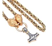 TQWSVUM Collana Uomo con Testa di Lupo celtica di Thor's Mjolnir - Norse Viking Acciaio Inossidabile Thor's Hammer Pendente Amuleto - Fatto A Mano Odin Wolf King Chain Vintage Pagan Jewelry