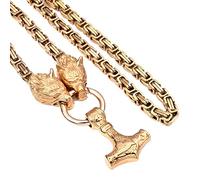 TQWSVUM Collana Uomo con Testa di Lupo celtica di Thor's Mjolnir - Norse Viking Acciaio Inossidabile Thor's Hammer Pendente Amuleto - Fatto A Mano Odin Wolf King Chain Vintage Pagan Jewelry