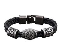 TQWSVUM Elmo Vichingo del Timore Reverenziale Bracciale Intrecciato in Pelle, Amuleto Runico Nordico Aegishjalmur con Simboli, Bracciale Vintage A Doppio Strato con Polsino da Uomo