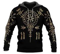 TQWSVUM Felpe con Cappuccio Vichingo con Cerniera Intera Helm of Awe da Uomo - Pullover Grafico con Rune Vichinghe Nordiche - Felpe con Coulisse A Maniche Lunghe Harajuku All'aperto per Adulti