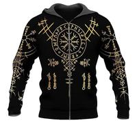 TQWSVUM Felpe con Cappuccio Vichingo con Cerniera Intera Helm of Awe da Uomo - Pullover Grafico con Rune Vichinghe Nordiche - Felpe con Coulisse A Maniche Lunghe Harajuku All'aperto per Adulti