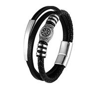 TQWSVUM Mens Viking Compass Beads Bracciale in Pelle, Acciaio Inossidabile Beads Nero Intrecciato Corda Polsino Polsino, Nordic Elder Futhark Vintage Hip Hop Pagan Jewelry