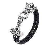 TQWSVUM Mens Viking Thor's Hammer Mjolnir Wolf Head Bracciale in Pelle, Mitologia Nordica in Acciaio Inossidabile Fenrir Nodo Celtico Amuleto, Doppio Strato Nero Intrecciato Corda Bracciale