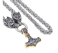 TQWSVUM Mitologia Norrena Vichingo Mjolnir Collana da Uomo -Testa di Lupo con Ciondolo A Forma di Martello di Thor in Acciaio Inossidabile King Chain -Gioielli Pagani A Catena Pesante Fatti A Mano