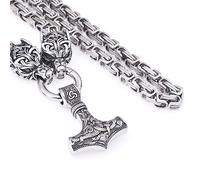 TQWSVUM Mitologia Norrena Vichingo Mjolnir Collana da Uomo -Testa di Lupo con Ciondolo A Forma di Martello di Thor in Acciaio Inossidabile King Chain -Gioielli Pagani A Catena Pesante Fatti A Mano
