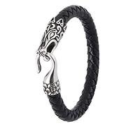 TQWSVUM Nordic Viking Dragon Bracciale for Uomo,Bracciale in Pelle Intrecciata con Fibbia A Testa di Drago in Acciaio Inossidabile, Moda Vintage Animal Amulet Jewelry con Borsa Regalo Valknut