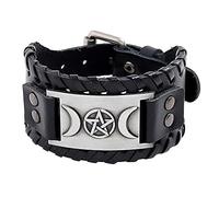 TQWSVUM Nordic Viking Moon Pentagram Amulet Bracciale in Pelle, Cinturino in Corda Intrecciata in Pelle con Fibbia Regolabile da Uomo, Gioielli Pagani Celtici in Stile Gotico Medievale