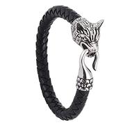 TQWSVUM Nordic Viking Odin Wolf Bracciali in Pelle Intrecciata, Uomo in Acciaio Inossidabile Wolf Head Buckle Cuff Bangle, Gothic Punk Hip Hop Gioielli Talismani Religiosi Medievali