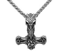 TQWSVUM Uomini Donne Viking Crow Skull Mjolnir Necklace- Norse Thor's Hammer Skull Head Collana Pendente in Acciaio Inossidabile - Punk Party Street Rock Jewelry