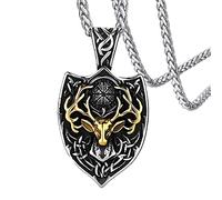 TQWSVUM Viking Deer Antler Pendant Collana, Talismano Runico A Doppio Colore in Acciaio Inossidabile Scudo per Testa di Cervo, Uomini Donne Vintage Celtic Mythology Compass Totem Nordic Jewelry