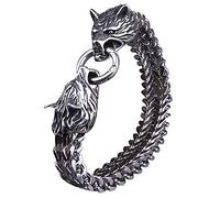 TQWSVUM Viking Double Wolf Head Fenrir Bracciale, Uomo in Acciaio Inossidabile Rete Catena Lupo Testa Bracciale, Nordic Odino Celtic Pagan Mulet Punk Biker Charm Gioielli Regalo