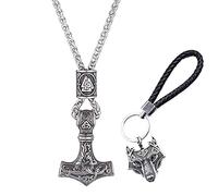 TQWSVUM Viking Mjolnir Thor's Hammer Collana per Uomo, Acciaio Inossidabile Simbolo Odino Valknut Rune Bead Ciondolo Amuleto, Norreno Vintage Viking Wolf Head Fibbia Portachiavi Regalo