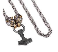TQWSVUM Viking Mjolnir Wolf Head Collana in Acciaio Inossidabile - Nordic Celtic Thor's Hammer Pendant Catena Bizantina - Gioielli da Uomo Pagani Amuleti Norvegesi Odin Fenrir
