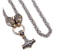 TQWSVUM Viking Mjolnir Wolf Head Collana in Acciaio Inossidabile - Nordic Celtic Thor's Hammer Pendant Catena Bizantina - Gioielli da Uomo Pagani Amuleti Norvegesi Odin Fenrir