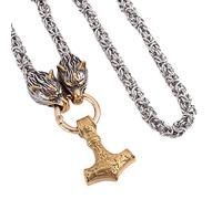TQWSVUM Viking Mjolnir Wolf Head Collana in Acciaio Inossidabile - Nordic Celtic Thor's Hammer Pendant Catena Bizantina - Gioielli da Uomo Pagani Amuleti Norvegesi Odin Fenrir