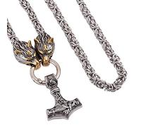 TQWSVUM Viking Mjolnir Wolf Head Collana in Acciaio Inossidabile - Nordic Celtic Thor's Hammer Pendant Catena Bizantina - Gioielli da Uomo Pagani Amuleti Norvegesi Odin Fenrir