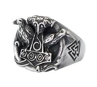 TQWSVUM Viking Raven Mjolnir Ring - Anello da Uomo in Acciaio Inossidabile Valknut Thor Hammer - Nordic Ouroboros Crow Heads Simbolo di Odino Anello con Sigillo Amuleto Animale Gioielli Vintage
