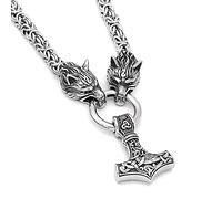 TQWSVUM Viking Thor's Hammer Mjolnir Pendant Dual Color Wolf Head Collana, Catena Re Bizantina in Acciaio Inossidabile da Uomo, Mitologia Norrena Odin Fenrir Crow Totem Gioielli