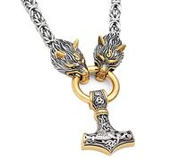TQWSVUM Viking Thor's Hammer Mjolnir Pendant Dual Color Wolf Head Collana, Catena Re Bizantina in Acciaio Inossidabile da Uomo, Mitologia Norrena Odin Fenrir Crow Totem Gioielli