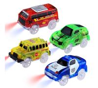 Track Cars Magic, Confezione da 4 Giocattoli Illuminanti al Buio - Mini Auto della Polizia, Autobus, Scuolobus, Auto Sportiva Con 5 Luci Lampeggianti a LED per Bambini 3-8 Anni