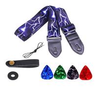 Tracolla Chitarra Elettrica e Acustica con Motivo Fulmine Blu, Cinghia Chitarra Regolabile con Estremità in Pelle e Porta Plettri, Kit con 4 Plettri, 1 Laccio Paletta e 1 Strap Lock per Basso