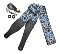 Tracolla per chitarra, in cotone jacquard ricamato, con estremità in pelle, tracolla per basso, chitarra acustica e elettrica, Jacquard Blu Bianco, Taglia unica