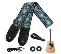Tracolla per chitarra in cotone jacquard ricamato, regolabile, con estremità in pelle, motivo floreale ricamato, per adulti e bambini, chitarristi basso, chitarra acustica e elettrica, Blu, Taglia