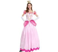 TRACYCY Peach Costume Donna Principessa Peach Lungo Festival Vestito da Sera con Corona e Guanti Set per Adulta Cosplay Sleeping Beauty Principessa Aurora Halloween Carnevale Compleanno Festa Costume
