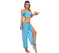 TRACYCY Principessa Jasmine Costume Donna Cosplay Aladdin Principessa Top e Pantaloni con Copricapo Sexy Danza Latina e Ventre Costume per Halloween Carnevale Festa Compleanno Fancy Dress Costume