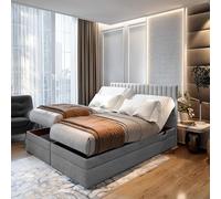 TRADA Letto Contenitore Matrimoniale ADELE, 180x200cm, Grigio Chiaro | Letto Elettrico con Materasso + Tooper e Contenitore - Rivestimento In Tessuto Velour