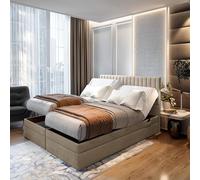 TRADA Letto Contenitore Matrimoniale ADELE, 200x200cm, Beige | Letto Elettrico con Materasso + Tooper e Contenitore - Rivestimento In Tessuto Velour