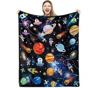 TradesForU Coperta spaziale morbida galattastronauta coperta accogliente razzo sistema solare P-Lanet flanella pelosa peluche regalo di compleanno per bambini divano arredamento, blu, 101 x 127 cm