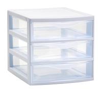 Tradineur - Cassettiera guadiana da tavolo, 3 cassetti trasparenti, torre di stoccaggio, armadio, bagno, ufficio, prodotto in Spagna (bianco, 17,5 x 18 x 21,5 cm, modello casuale