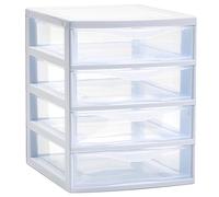 Tradineur - Cassettiera guadiana da tavolo, con 4 cassetti trasparenti, torre di stoccaggio, armadio, bagno, ufficio, bianco, 22,5 x 18 x 21,5 cm, modello casuale
