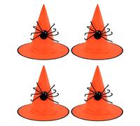 Tradineur - Confezione da 4 cappelli da strega, diametro 38 cm, cappello da strega, accessorio per costumi, Halloween, carnevale, feste (arancione con ragno)