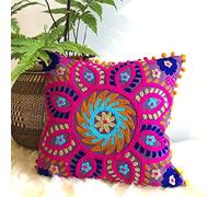 Traditional Jaipur Suzani - Federa per cuscino ricamata, 40,6 x 40,6 cm, decorativa, con pompon indiano, per esterni, stile bohémien