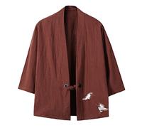 Tradizionale Cinese Hanfu Abbigliamento Uomo con Ricamo Tinta Unita Self-binding Camicia Da Notte Accappatoio Manica 3/4 Giapponese Kimono Loose Fit Cardigan per Uomo Veste Taoista, caffè, 5XL