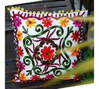 Tradizionale Jaipur Boho Throw Suzani, federa per cuscino ricamata, 16 x 16 cm, cuscino decorativo indiano Pom Pom Pom Pom Outdoor