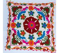 Tradizionale Jaipur Suzani, federa per cuscino ricamata, 16 x 16 cm, federa decorativa per cuscino indiano Pom Pom Pom Outdoor