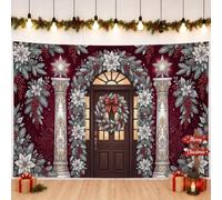 Tradizionale sfondo natalizio a forma di stella di Natale, 200 x 150 cm | Design dell'ingresso dell'arco, sfondo fotografico, ghirlande sempreverdi, pilastri decorativi, bacche rosse invernali