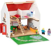 goki CityLife 51458 - Casa delle bambole portatile in legno, 54 pezzi, con mobili e bambole, completamente arredata con maniglia per il trasporto