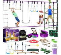 Trailblaze Ninja Line Hanging Obstacle Course for Kids - 40' Set for Backyard American Ninja Warrior Obstacles - Slackline Monkey Bars Kit + Tree Protectors - Carry Bag Included