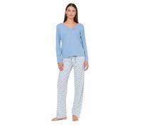 TRAMAS+ Pigiama da Donna 100% Cotone con Collo a V, Pigiama Lungo da Donna, Completo con Maglia a Manica Lunga e Pantaloni Lunghi con Vita Regolabile, Completo da Donna - S, Arubi, Blu
